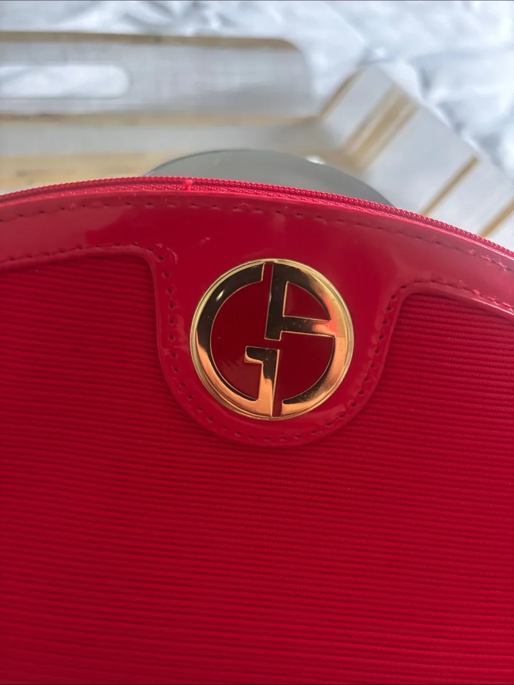 Giorgio Armani Vibrant Red Wristlet Clutch with Gold Emblem